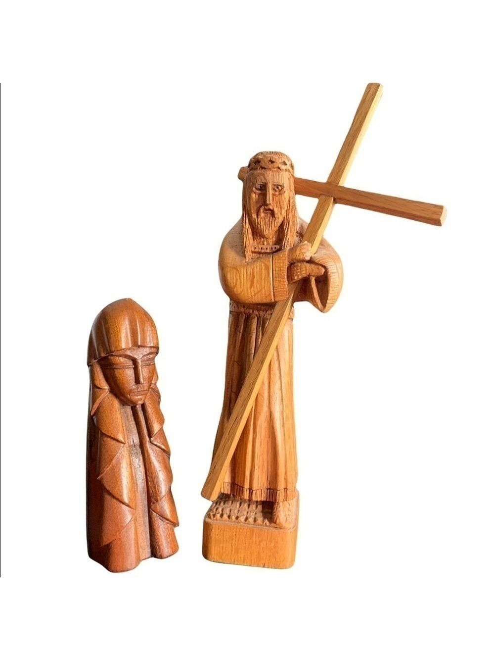 Wooden Handmade Jesus Carrying Cross w/Wooden Virgin Mary Set